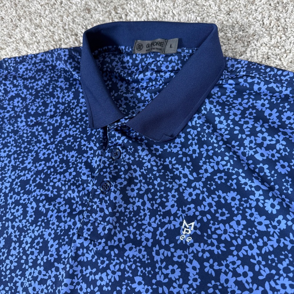 G FORE Polo Shirt Mens Large‎ Blue Floral Daisy Print Short Sleeve Performance